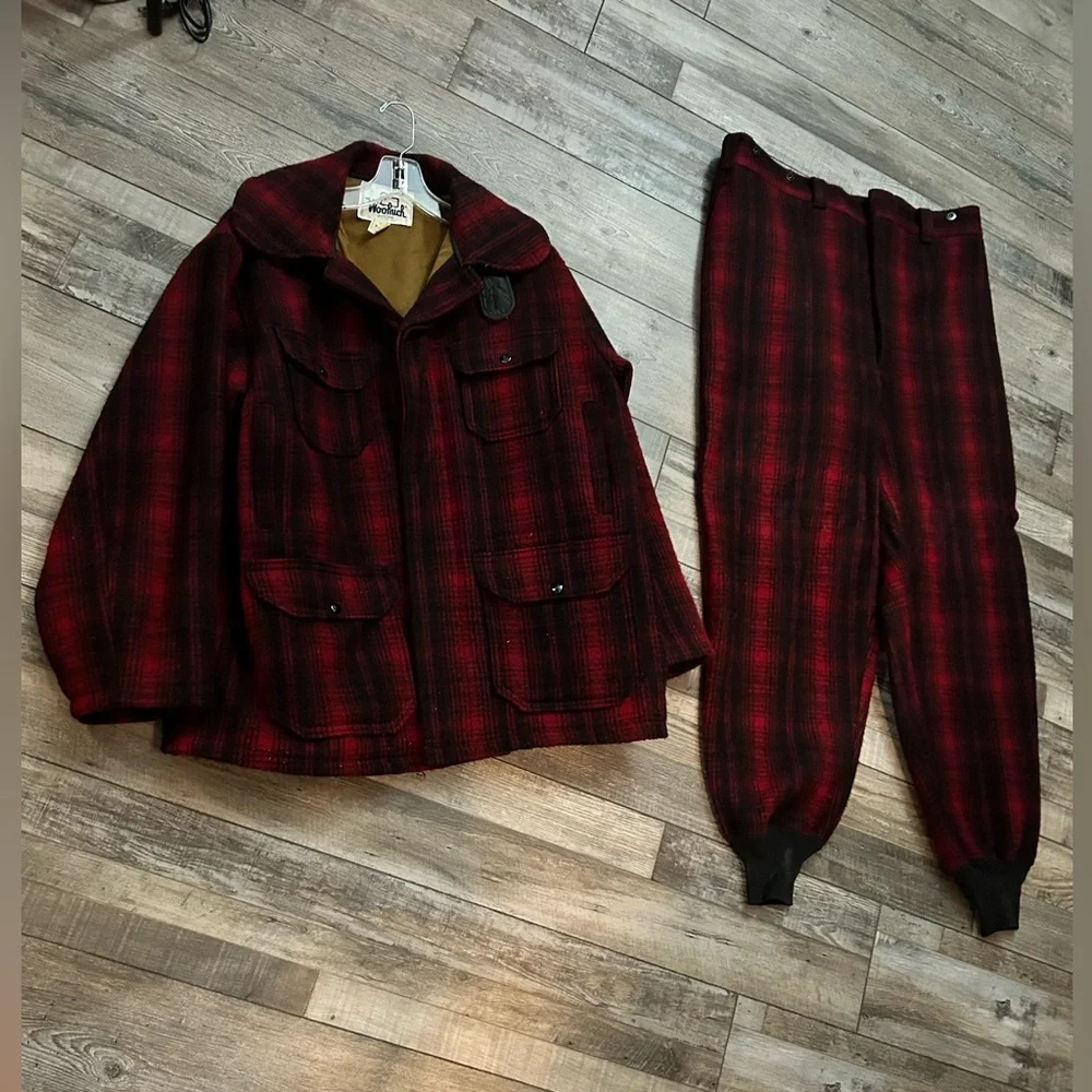 Vintage Woolrich Mackinaw Wool Jacket pants set Buffalo Plaid Hunting black red